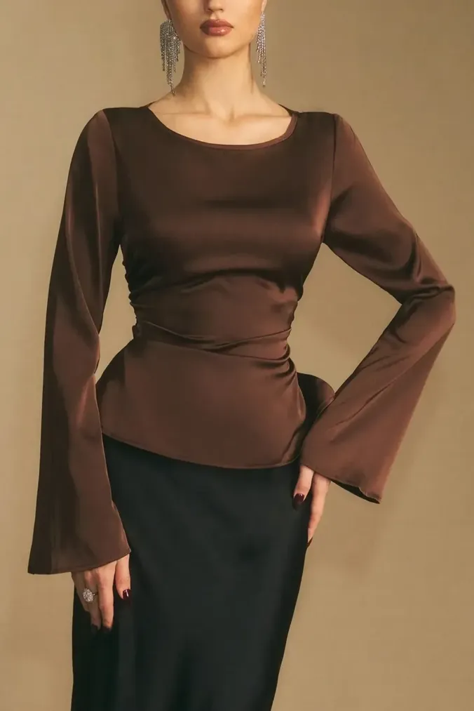 Brown Solid Ruche Top - Image 1