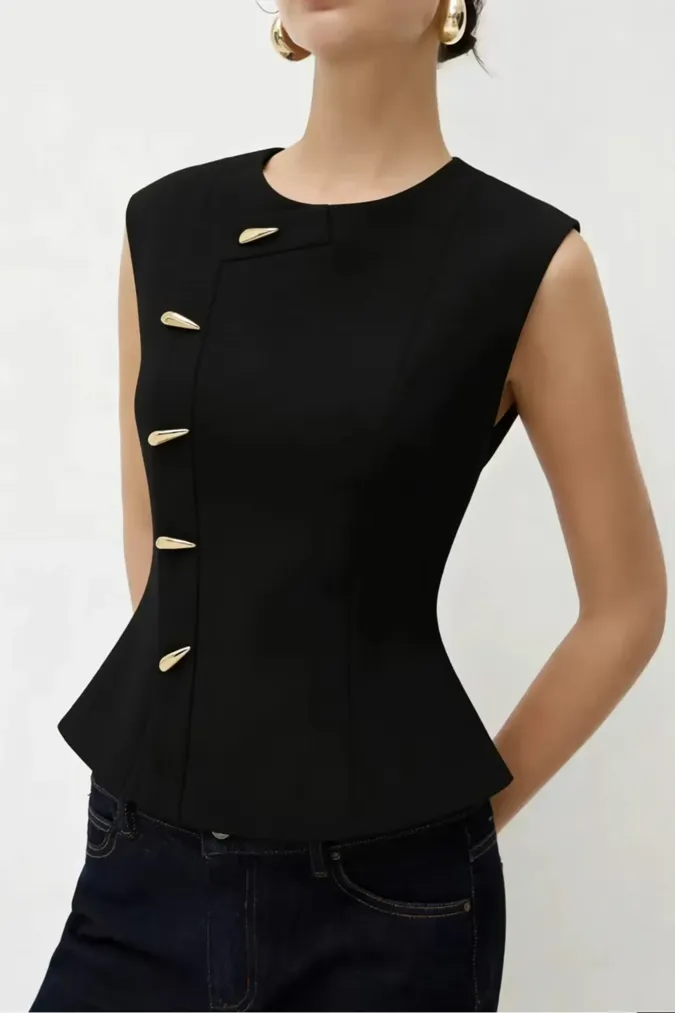 Black Solid Buttoned Top - Image 1