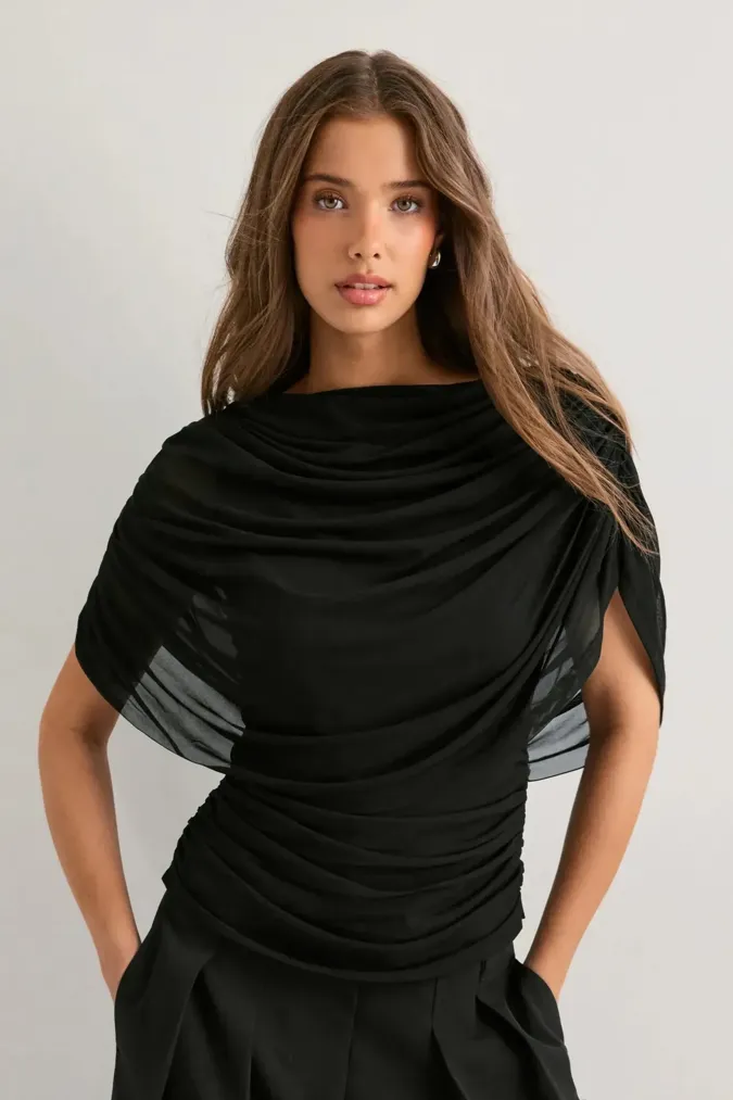 Black Ruched Cowl Neck Top - Image 1