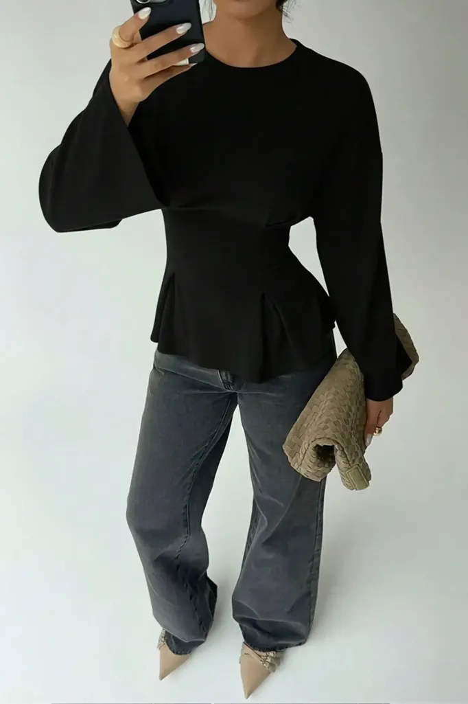 Black Pleated Crew Neck Top - Image 1