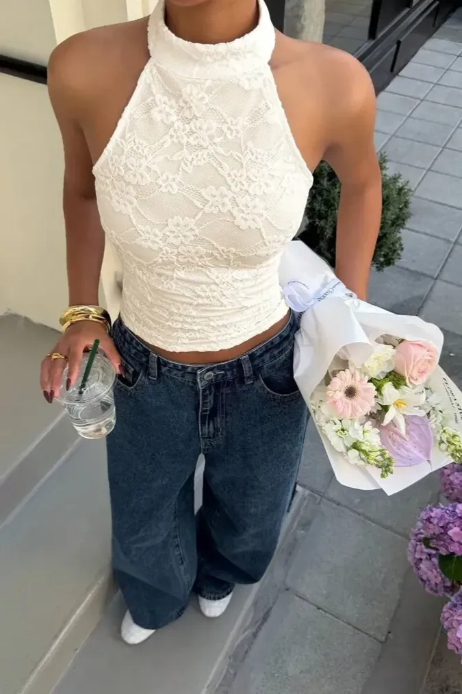 White Lace Halter Crop Top - Image 1