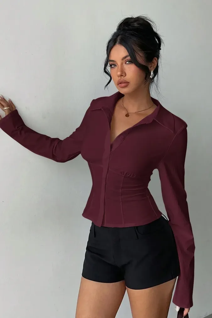 Wine Buttoned Ruched Shirt - Image 1