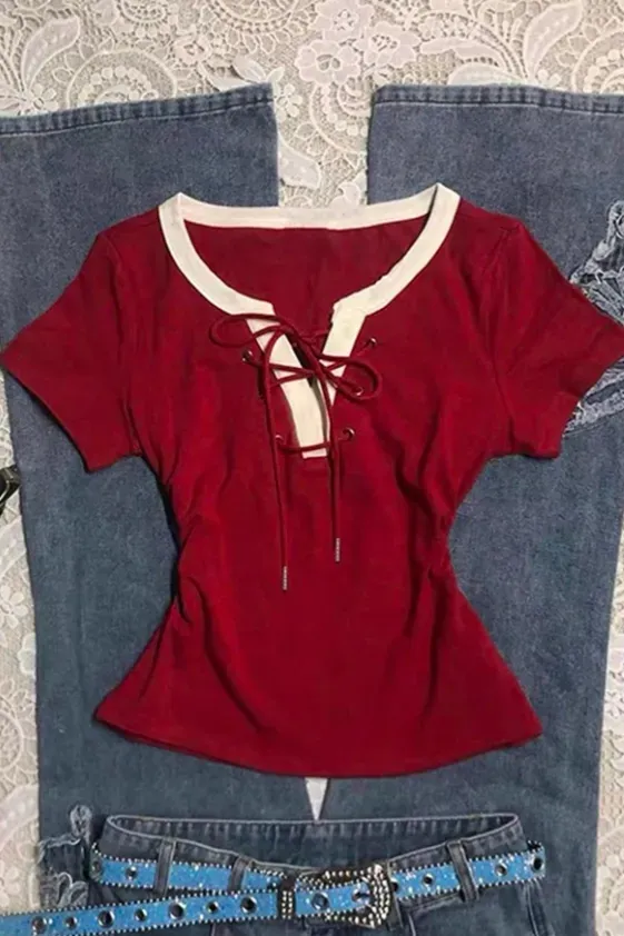 Red Tie-Up V-Neck Top - Image 1