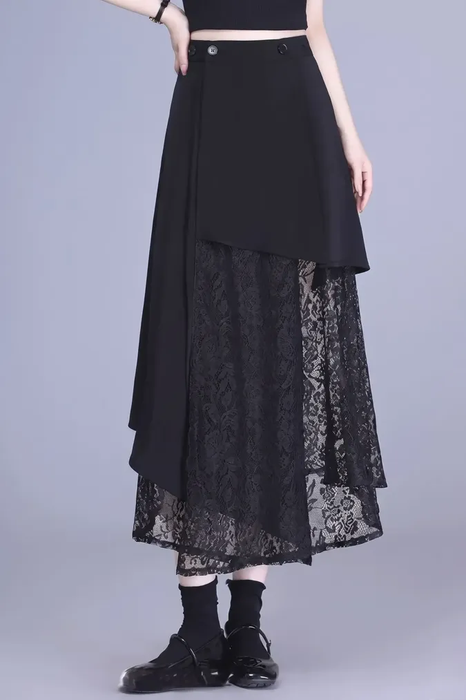 Black Solid Lace Maxi Skirt - Image 1