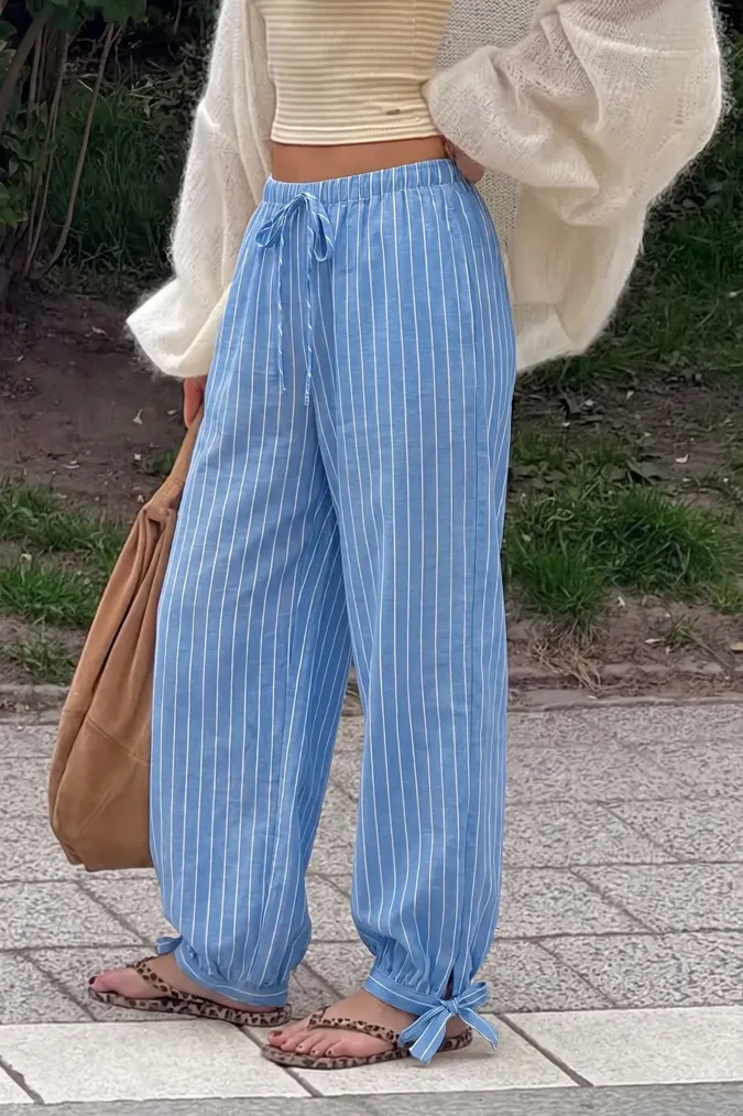 Light Blue Striped Mid-Rise Pants - Image 1