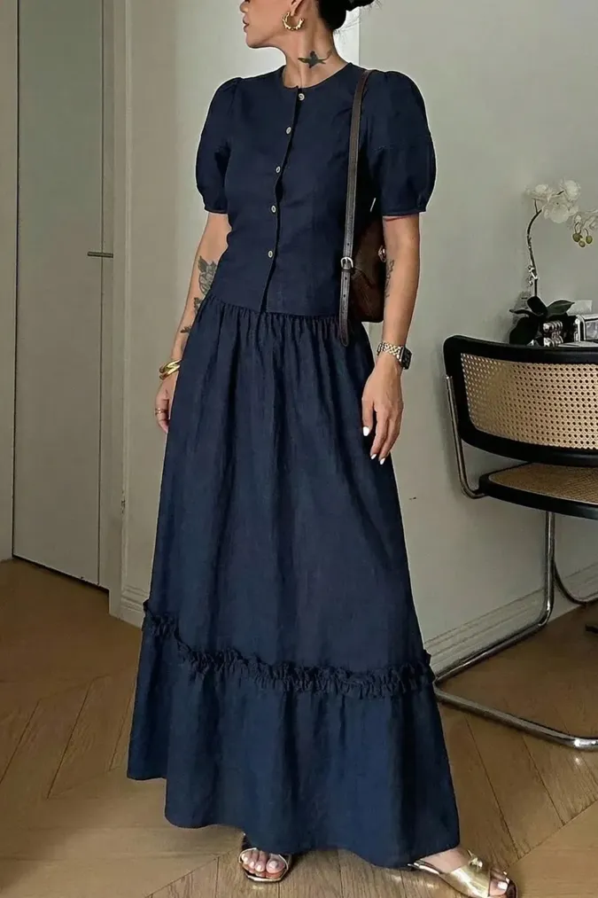 Navy Solid Tiered Co-Ord Set - Image 1