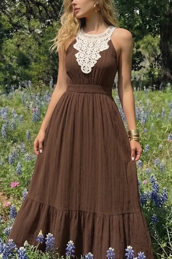 Dark Brown Tiered Halter Maxi Dress - Image 1