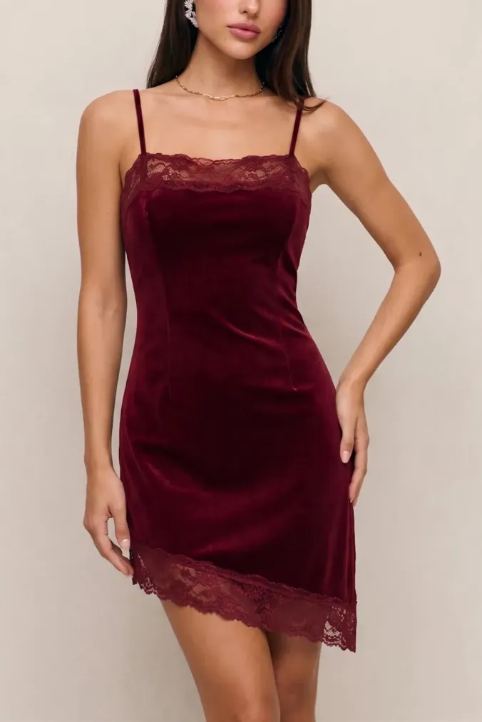 Wine Lace-Inserts Mini Dress - Image 1