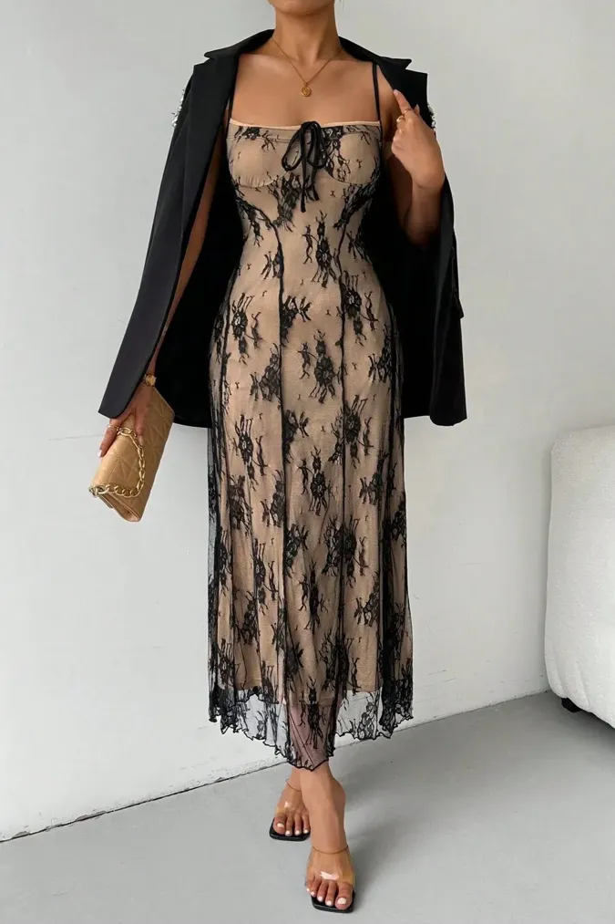 Black Lace Overlay Midi Dress - Image 1