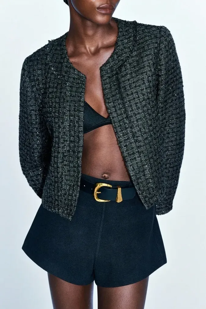Dark Grey Cropped Fringed Jacket - Image 1