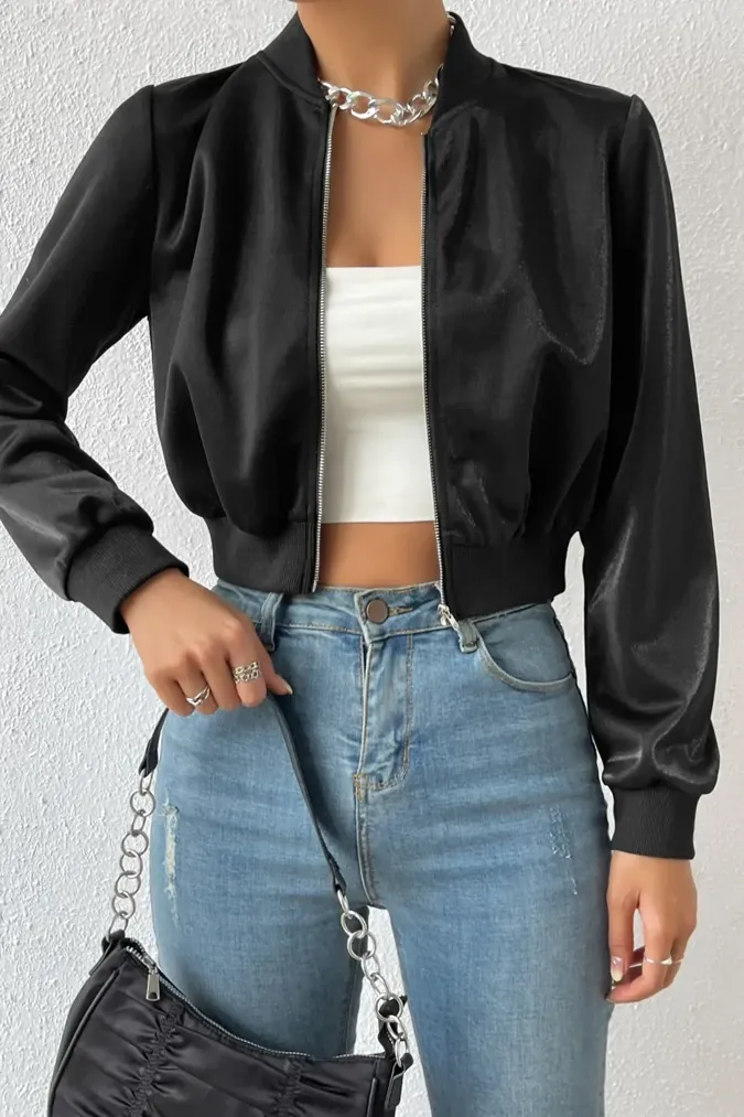 Black Band Collar Zipper Jacket - Image 1