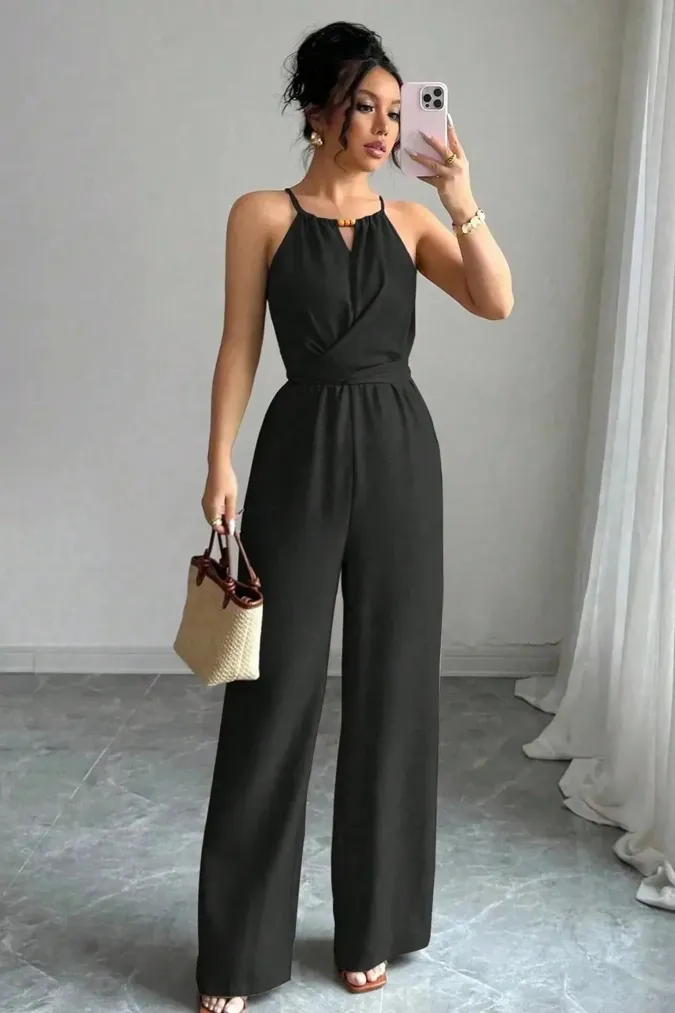 Black Halter Wide-Leg Jumpsuit - Image 1