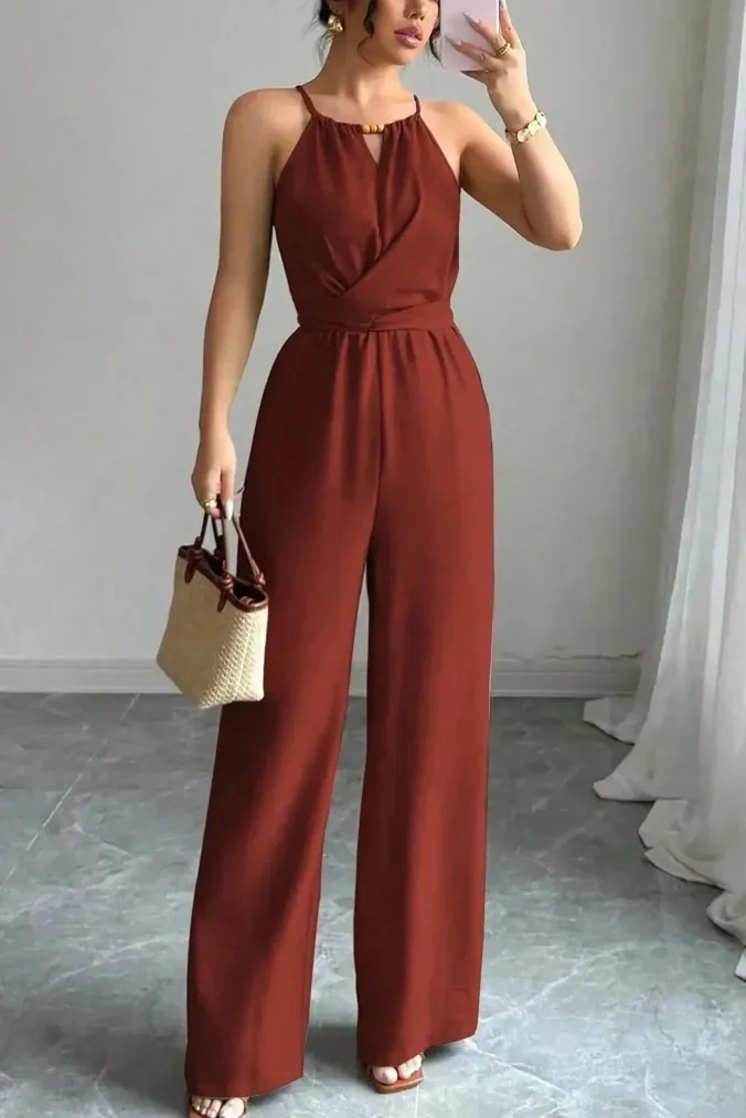 Brown Halter Wide-Leg Jumpsuit - Image 1
