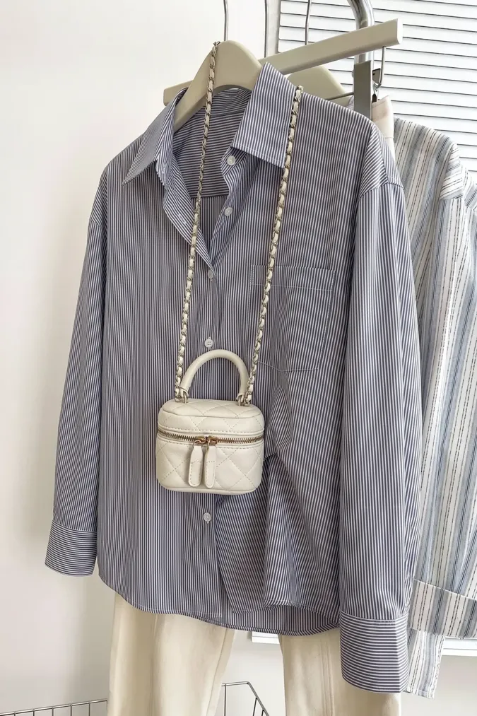Dark Grey Striped Collared Shirt - Image 1