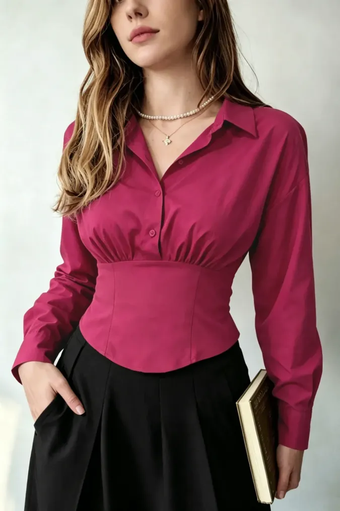 Dark Pink Solid Corset Shirt - Image 1