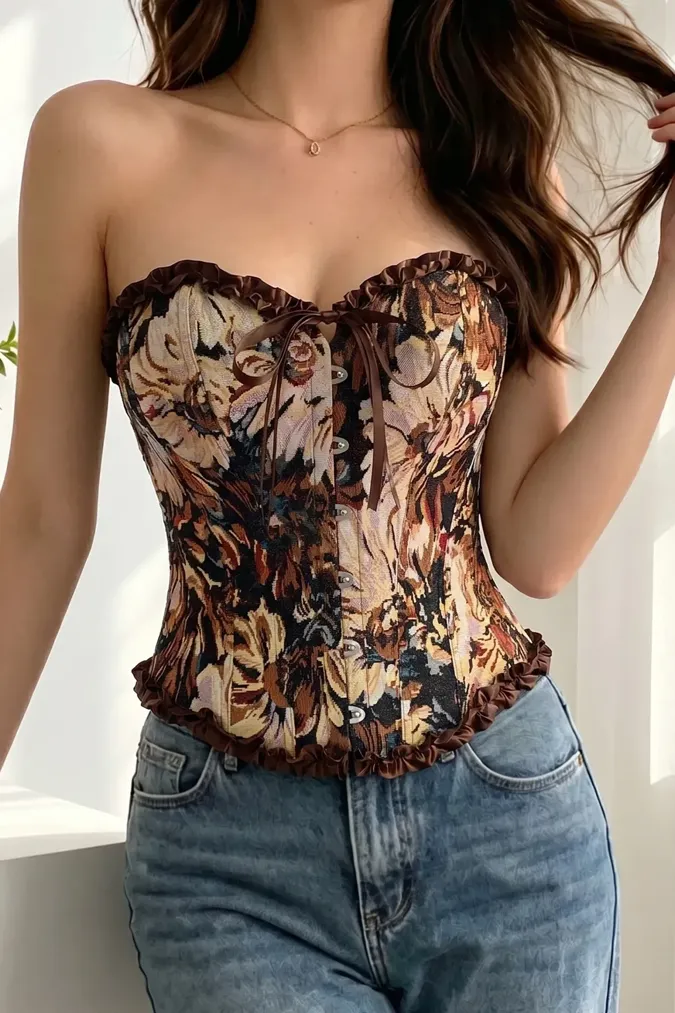 Brown Sweetheart Brocade Corset Top - Image 1