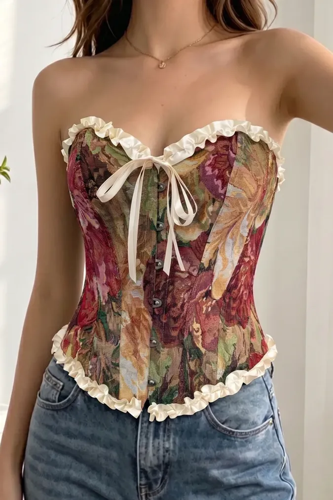 Red Sweetheart Brocade Corset Top - Image 1