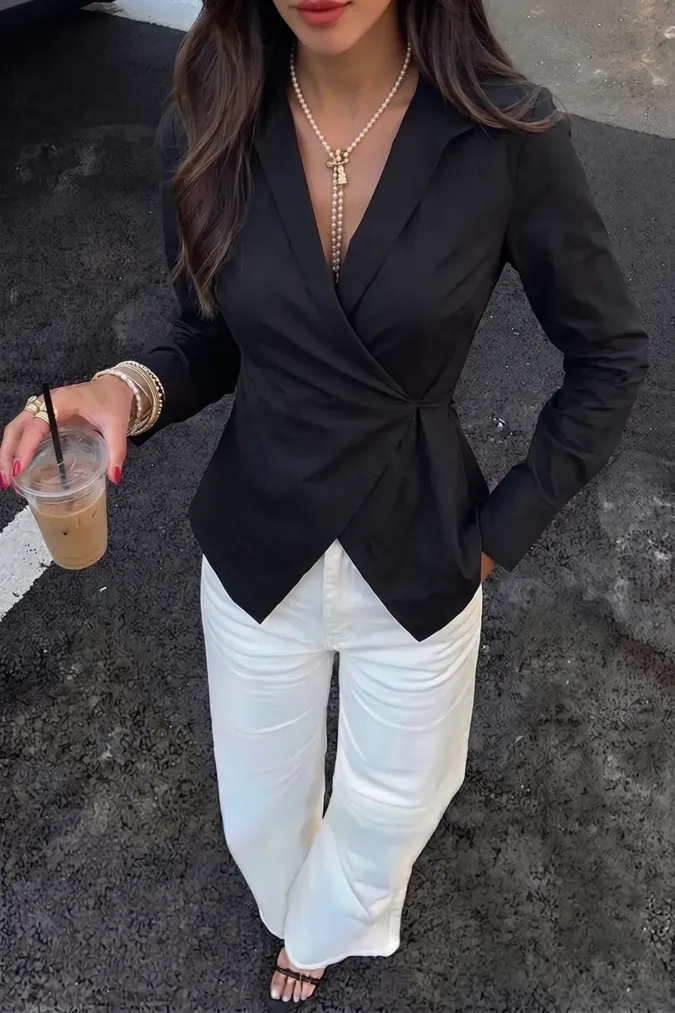 Black Collared Wrap Shirt - Image 1