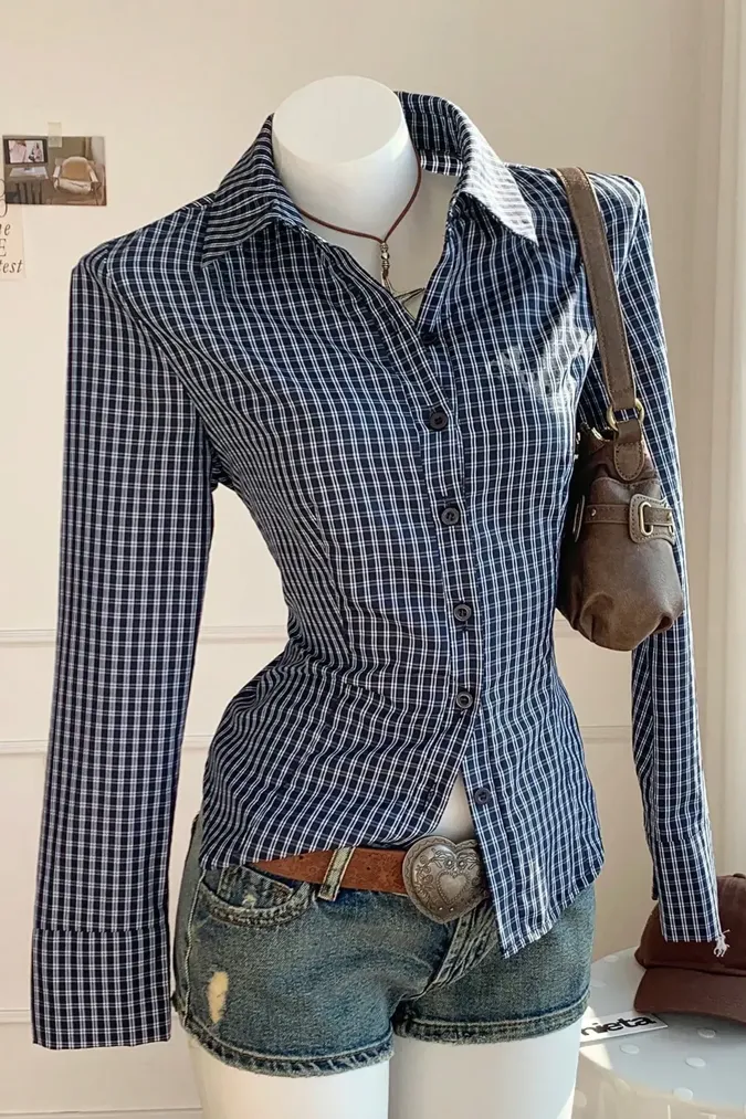 Navy Checkered Collared Shirt - Image 1