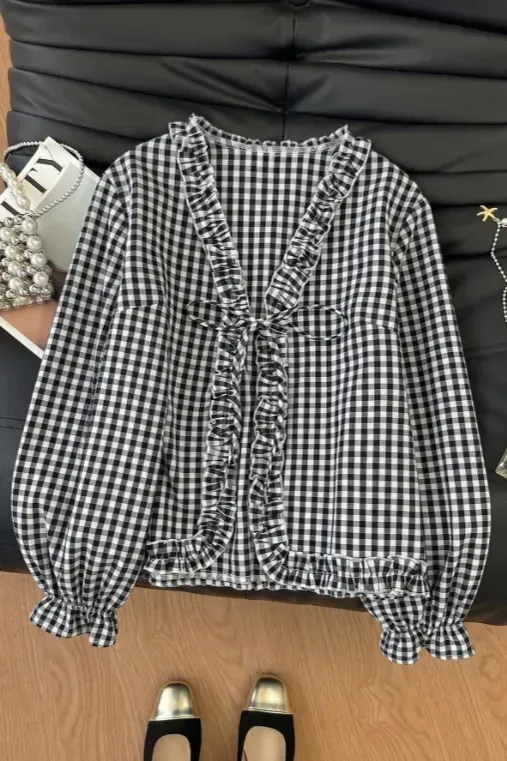 Black Gingham Ruffled Tie-Up Top - Image 1