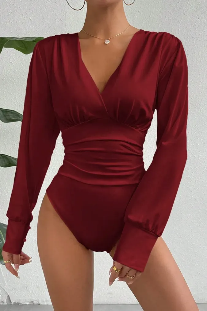 Wine Solid V-Neck Bodysuit - Image 1