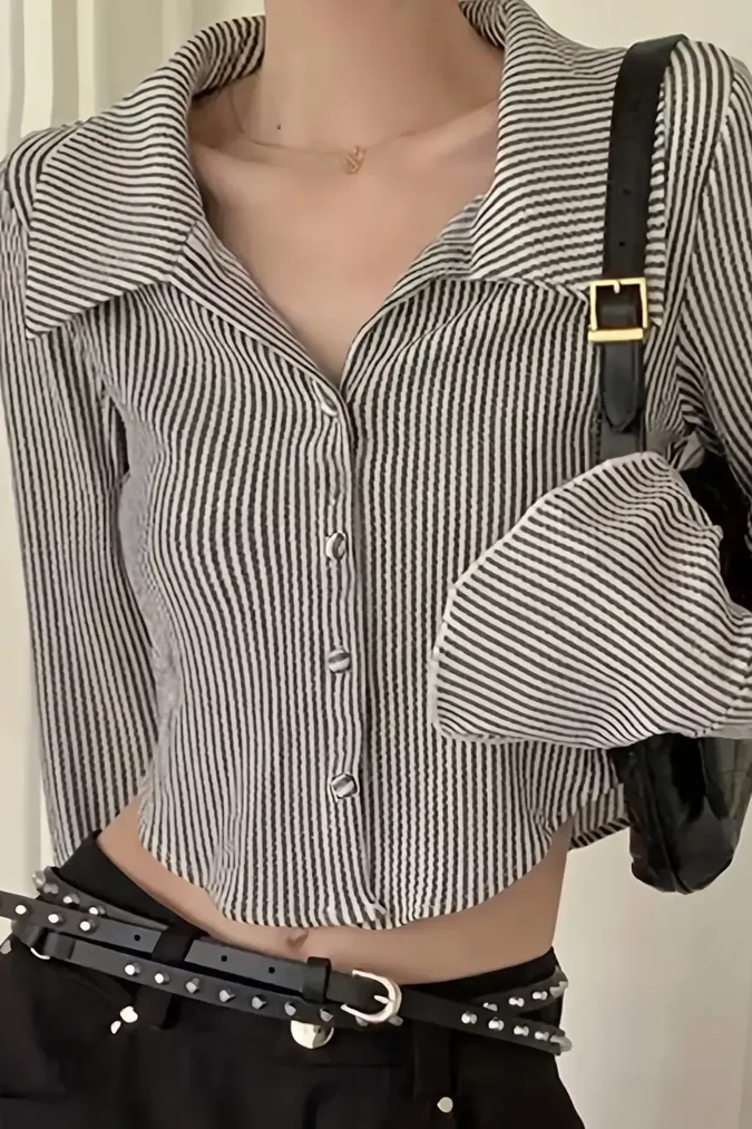 Grey Striped Crop Shirt - Image 1