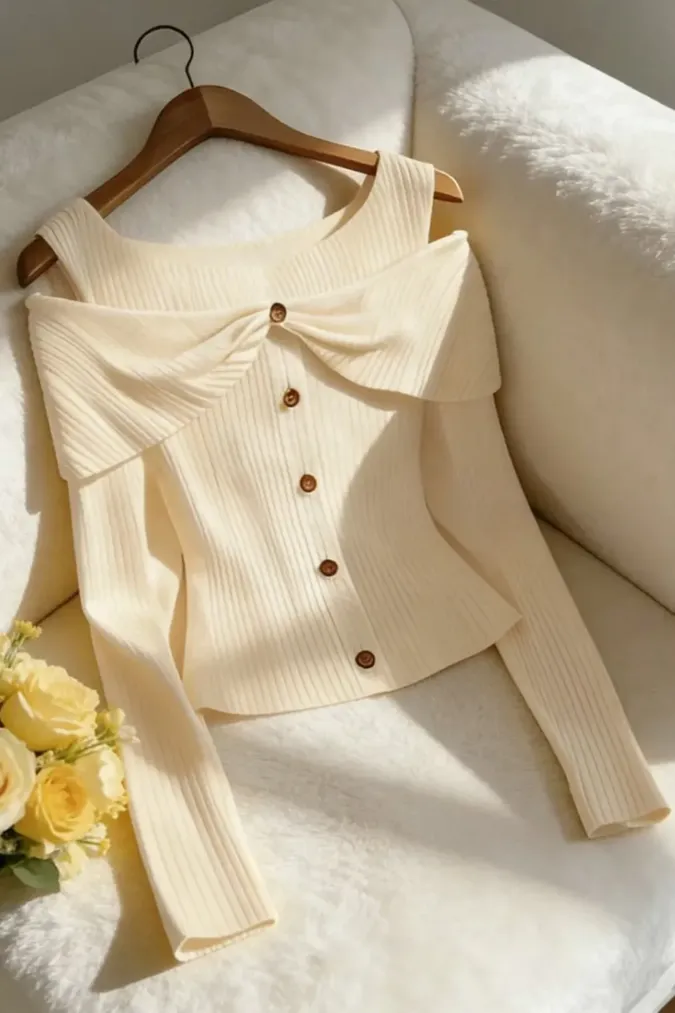 Beige Solid Cold Shoulder Top - Image 1