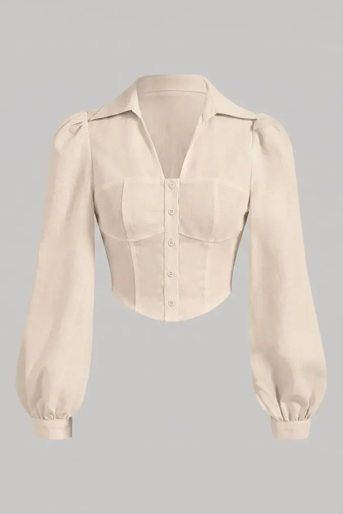 Beige Lapel Collar Crop Shirt - Image 1