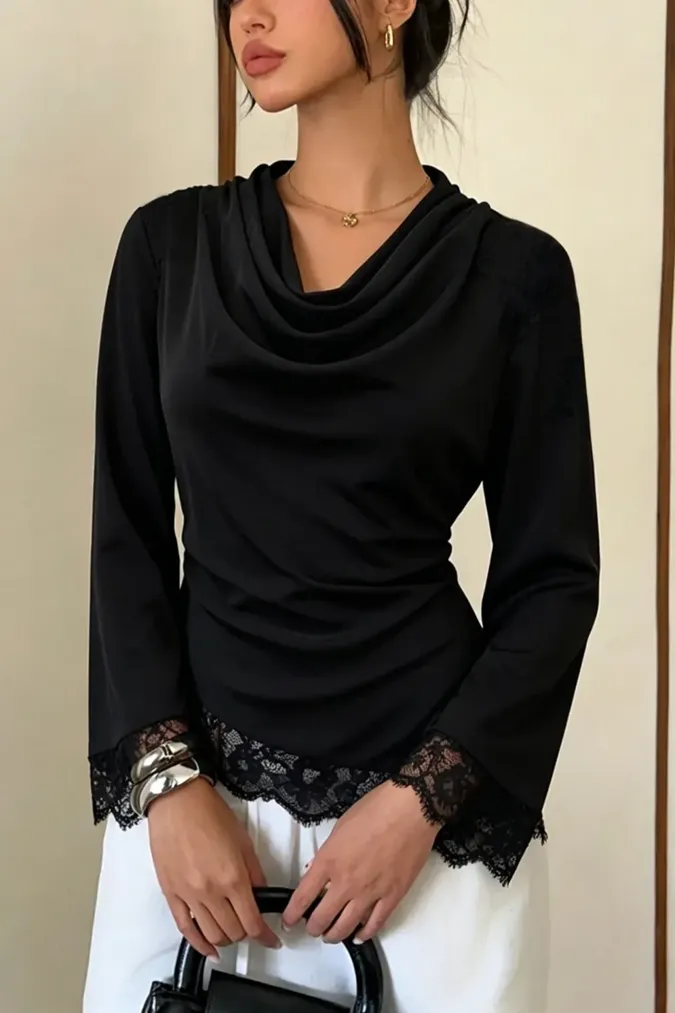 Black Cowl Neck Lace Top - Image 1