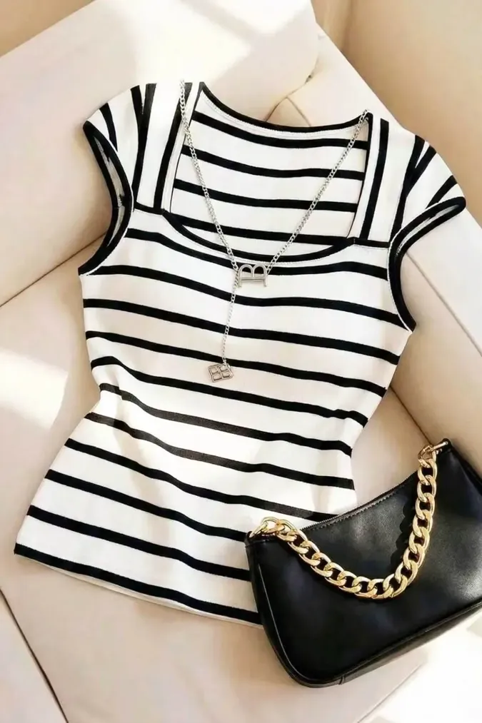 White Striped Cap Sleeve T-Shirt - Image 1