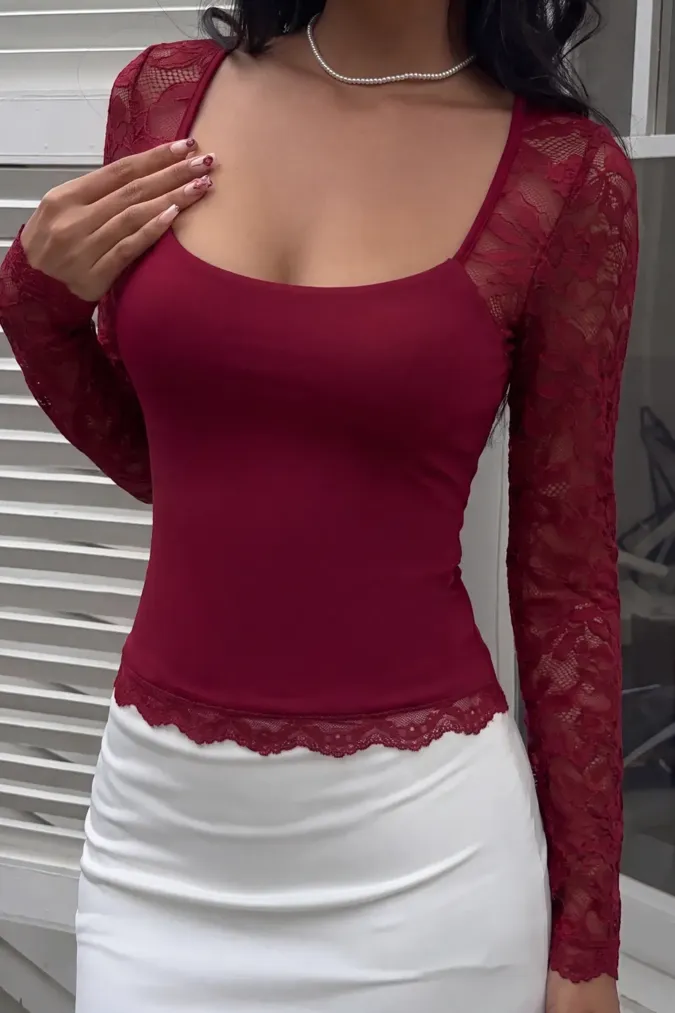 Wine Lace Square Neck Top - Image 1