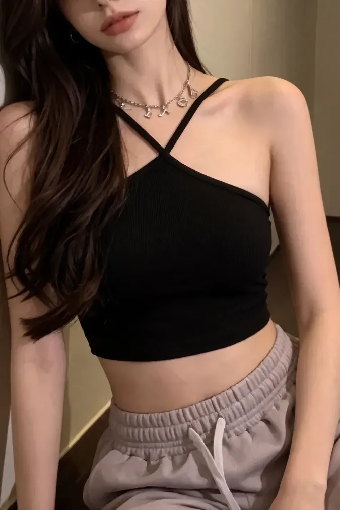 Black Solid Halter Crop Top - Image 1