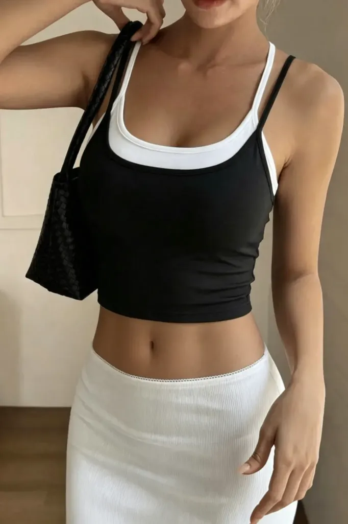 Black Layered Scoop Neck Crop Top - Image 1