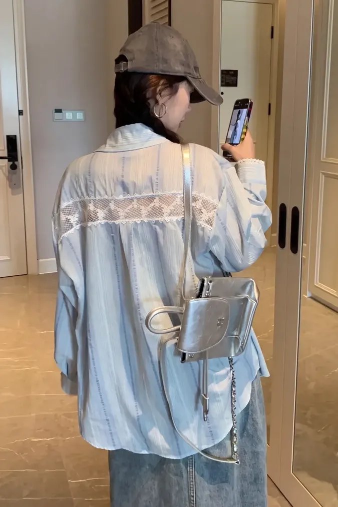 Light Blue Lace Solid Shirt - Image 1