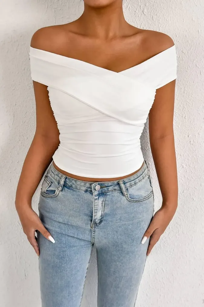 White Off Shoulder Solid Top - Image 1