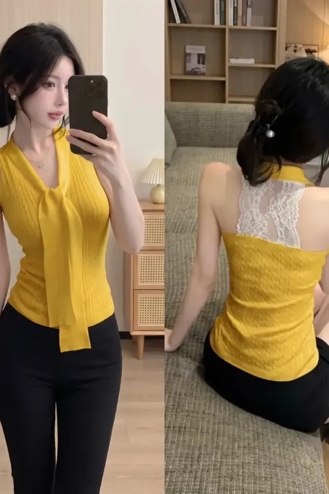 Mustard Lace Halter Top - Image 1