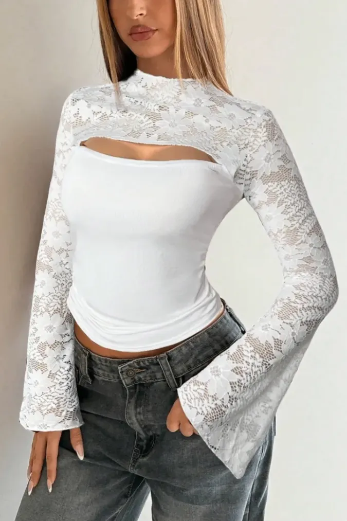 White Solid Cut-Out Lace Top - Image 1