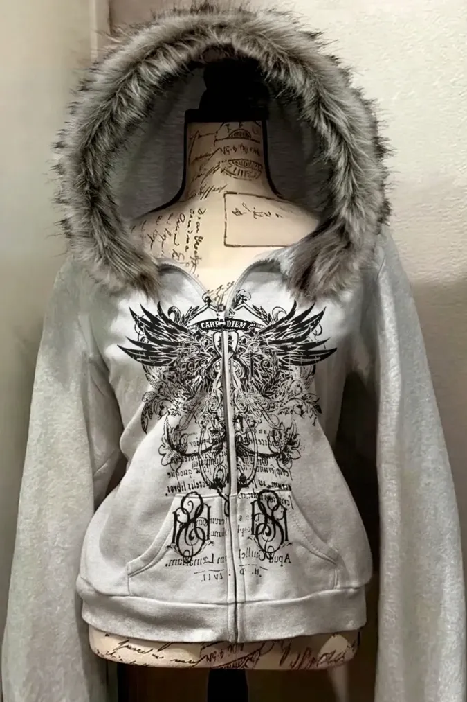 Grey Graphic Faux Fur Hoodie - Image 1