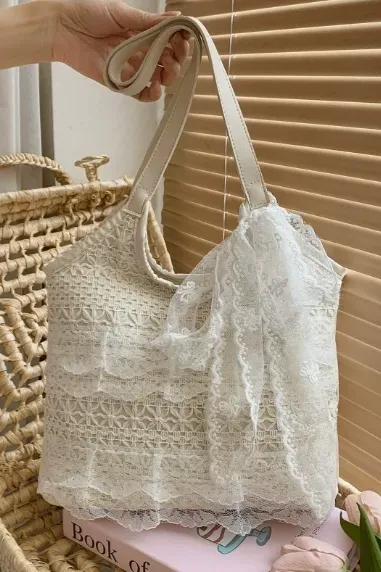 Off White Lace Overlay Tote Bag - Image 1