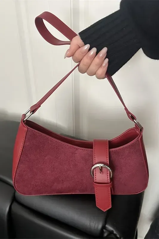 Wine Belted Buckle Flap Bag - Image 1