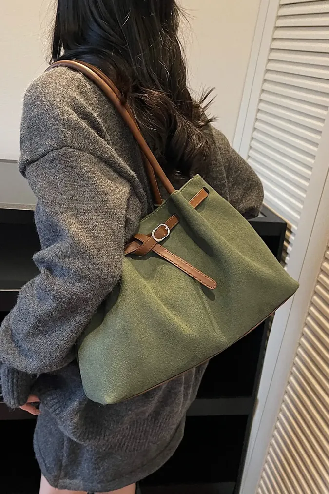 Green Suede Belted Tote Bag - Image 1