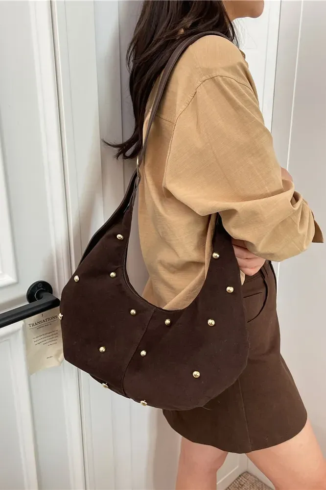 Dark Brown Studded Pu Shoulder Bag - Image 1