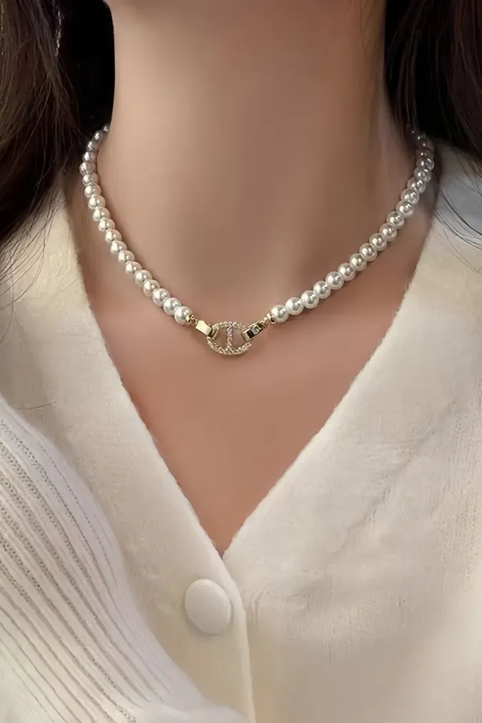 White Pearl Beaded Necklace - Image 1