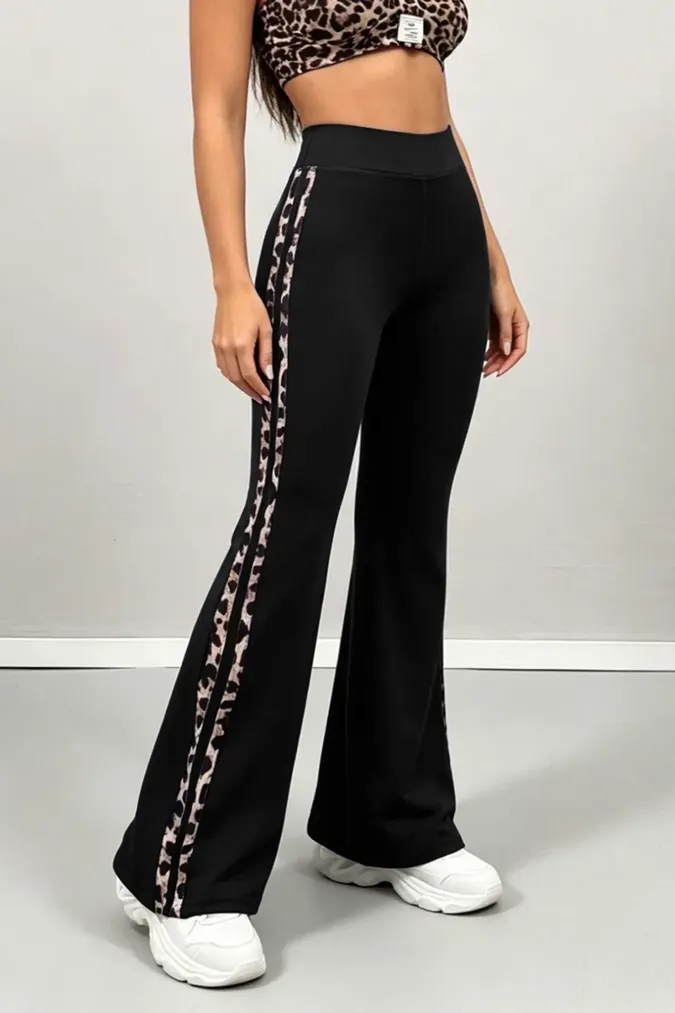 Black Leopard Print High Rise Trousers - Image 1