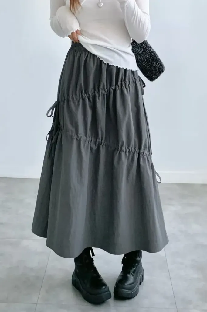 Grey Solid Tiered Maxi Skirt - Image 1