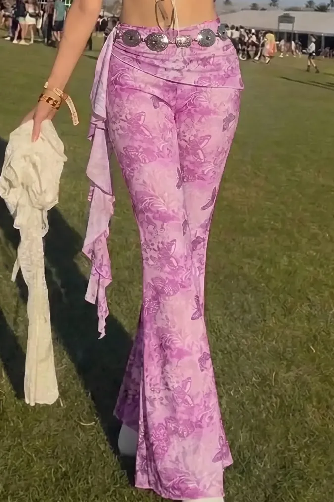 Pink Butterfly Ruffled Flared Pants - Image 1