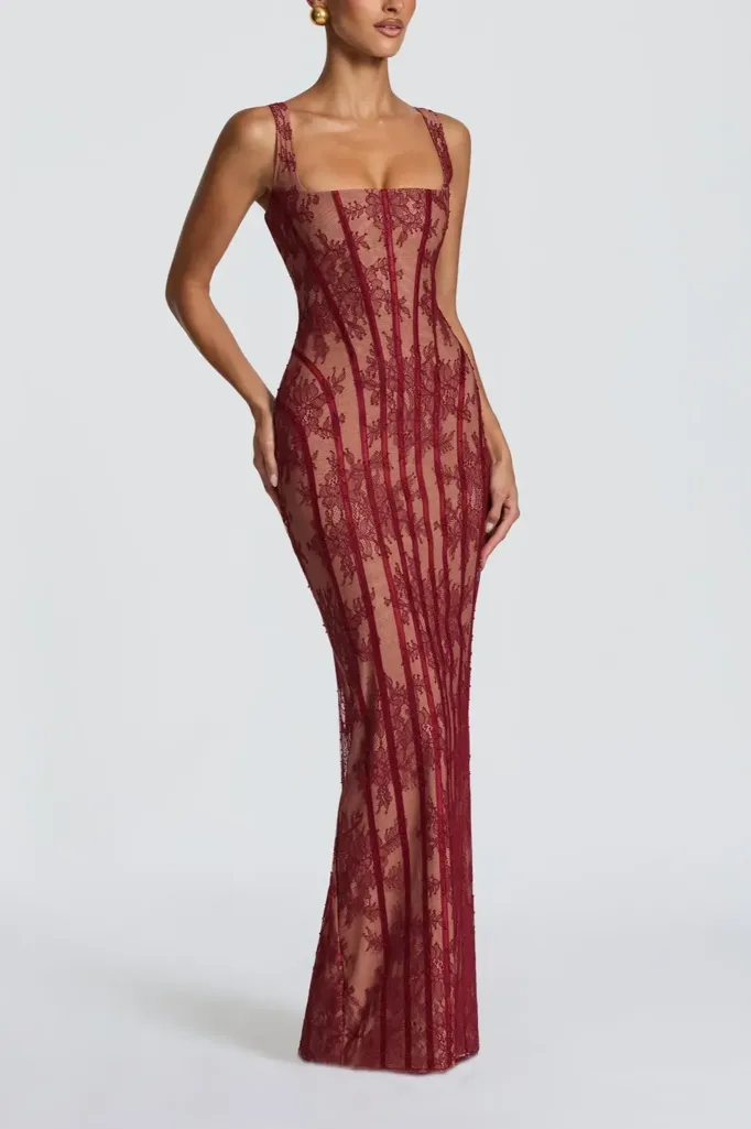 Wine Floral Square Neck Maxi Dress - Image 1
