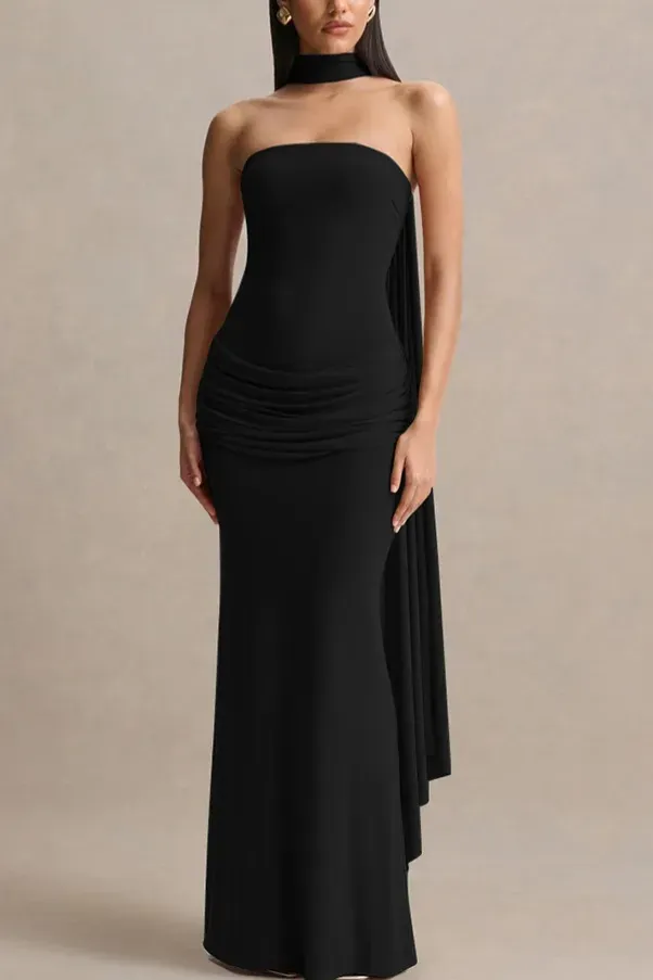 Black Solid Tube Neck Maxi Dress - Image 1