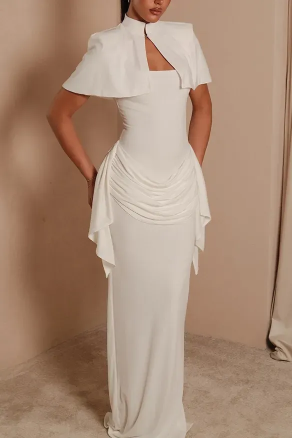 White Draped Cape Maxi Dress - Image 1