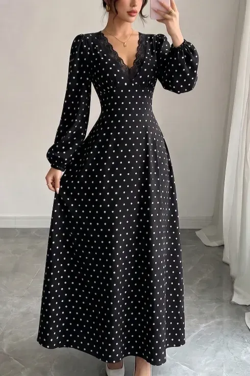 Black Polka Dot V-Neck Maxi Dress - Image 1